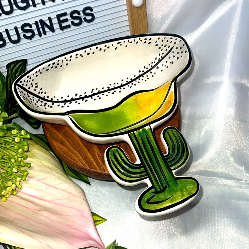 Clay Art Margarita Cactus Ceramic Dish – Fun Novelty Server – Green & Yellow